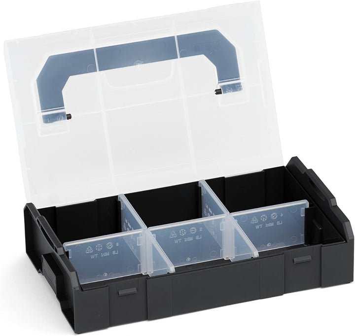 Sortimo L-BOXX Mini Werkzeugkoffer 12er Set – Schwarz Deckel Transparent | Kompakte Sortierboxen für