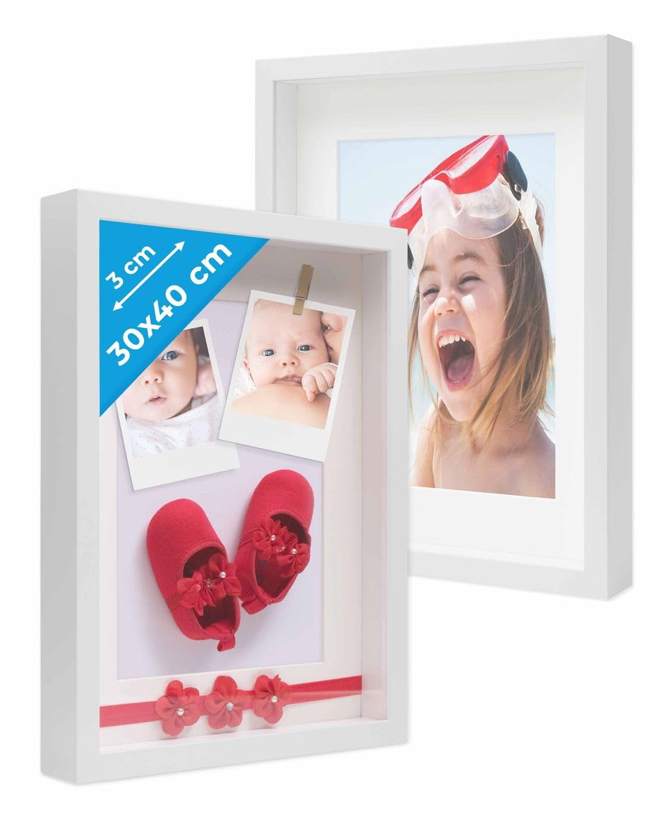 PHOTOLINI 3D Bilderrahmen zum Befüllen 30x40 Weiss gross, 3 cm tiefer Objektrahmen mit Glas, 2X tief