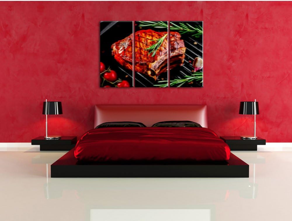Pixxprint Steak mit Rosmarien garniert als Leinwandbild/Grösse: 3 Teilig (120x80) cm/Wandbild/Kunstd