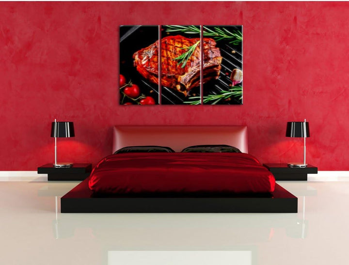 Pixxprint Steak mit Rosmarien garniert als Leinwandbild/Grösse: 3 Teilig (120x80) cm/Wandbild/Kunstd