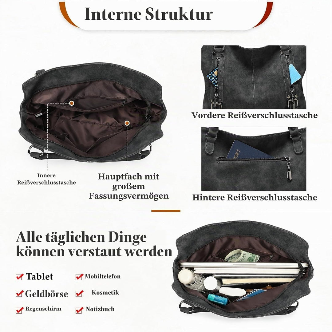 VINBAGGE Damen Handtasche PU Leder Henkeltasche Shopper Tasche Vintage Weiches Umhängetasche Schulte
