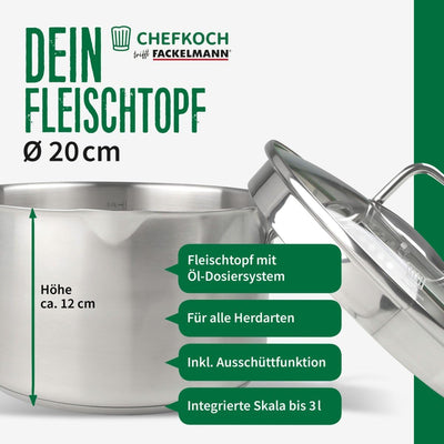 FACKELMANN Chefkoch Topf Ø20 cm München aus Edelstahl – Hochwertiger Kochtopf Ausschüttfunktion – Fü