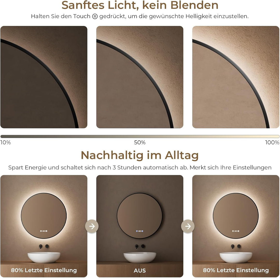 S'AFIELINA Badspiegel mit Beleuchtung Rund 60cm, Dimmbar Bad Spiegel mit Licht und Beschlagfrei-Funk