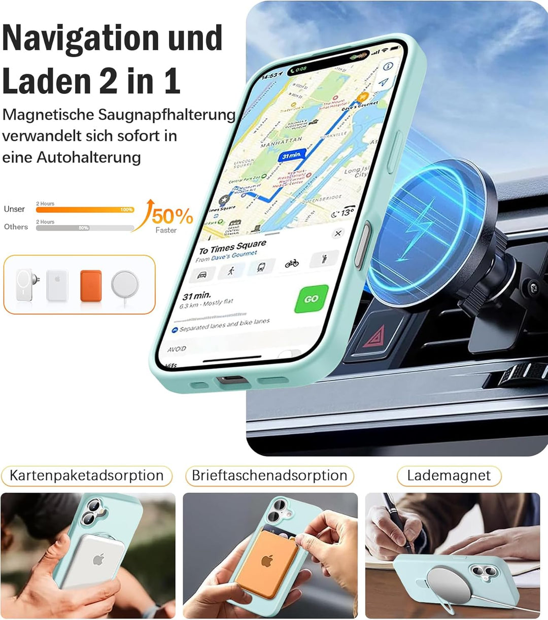 Handyhülle für iPhone 16 Hülle mit 2 Stück Schutzfolie, Silikon Case mit Magnetisch Ring Ständer Und