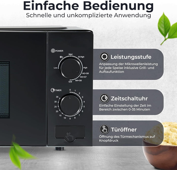 KLAMER Mikrowelle 20 Liter, 700 Watt, 9 Leistungsstufen inklusive Grill- und Auftaufunktion, 35-Minu