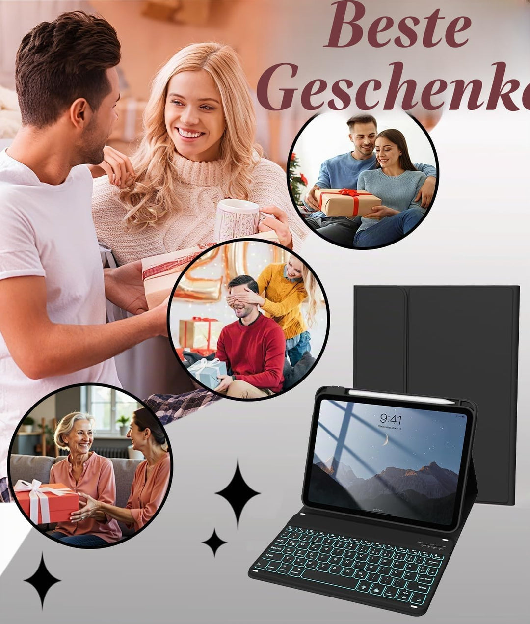 Hülle mit Tastatur für iPad A16 11/10 Generation (2025/2022,Schwarz | 7-Farben Beleuchtung Magnetisc