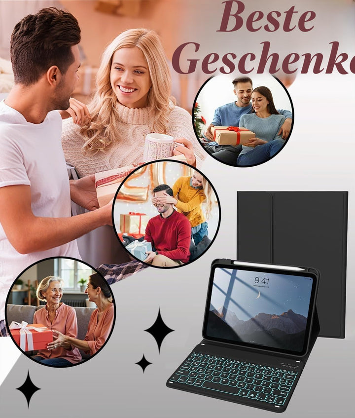 Hülle mit Tastatur für iPad A16 11/10 Generation (2025/2022,Schwarz | 7-Farben Beleuchtung Magnetisc