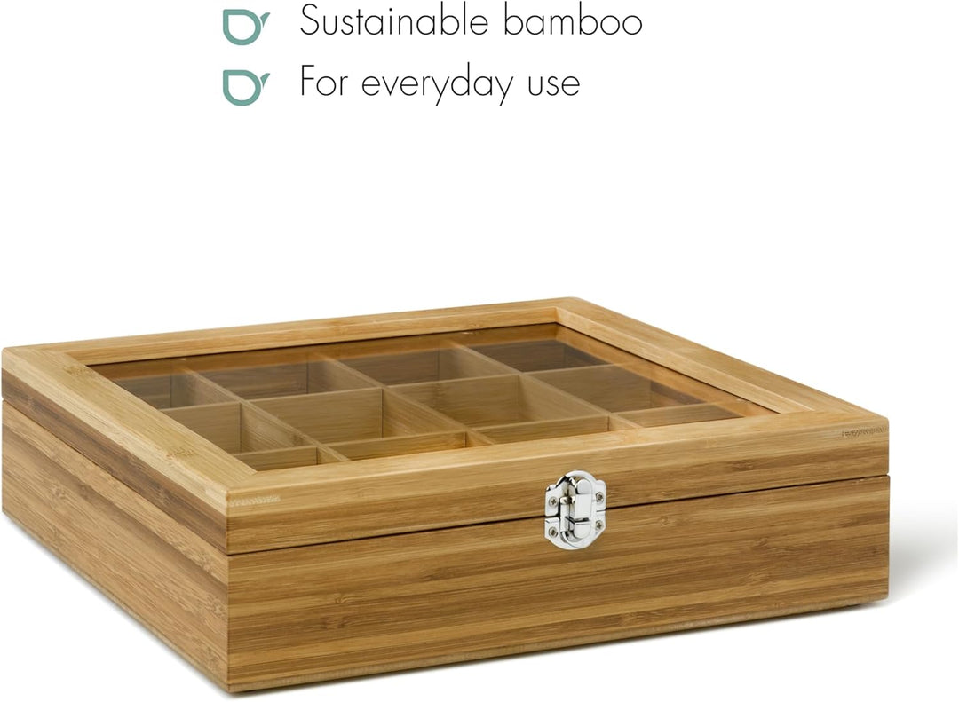 Bredemeijer grosse helle Holz Teebeutel-Kiste mit 12 Fächer und Sichtfenster 28 cm lang Wooden Tea B