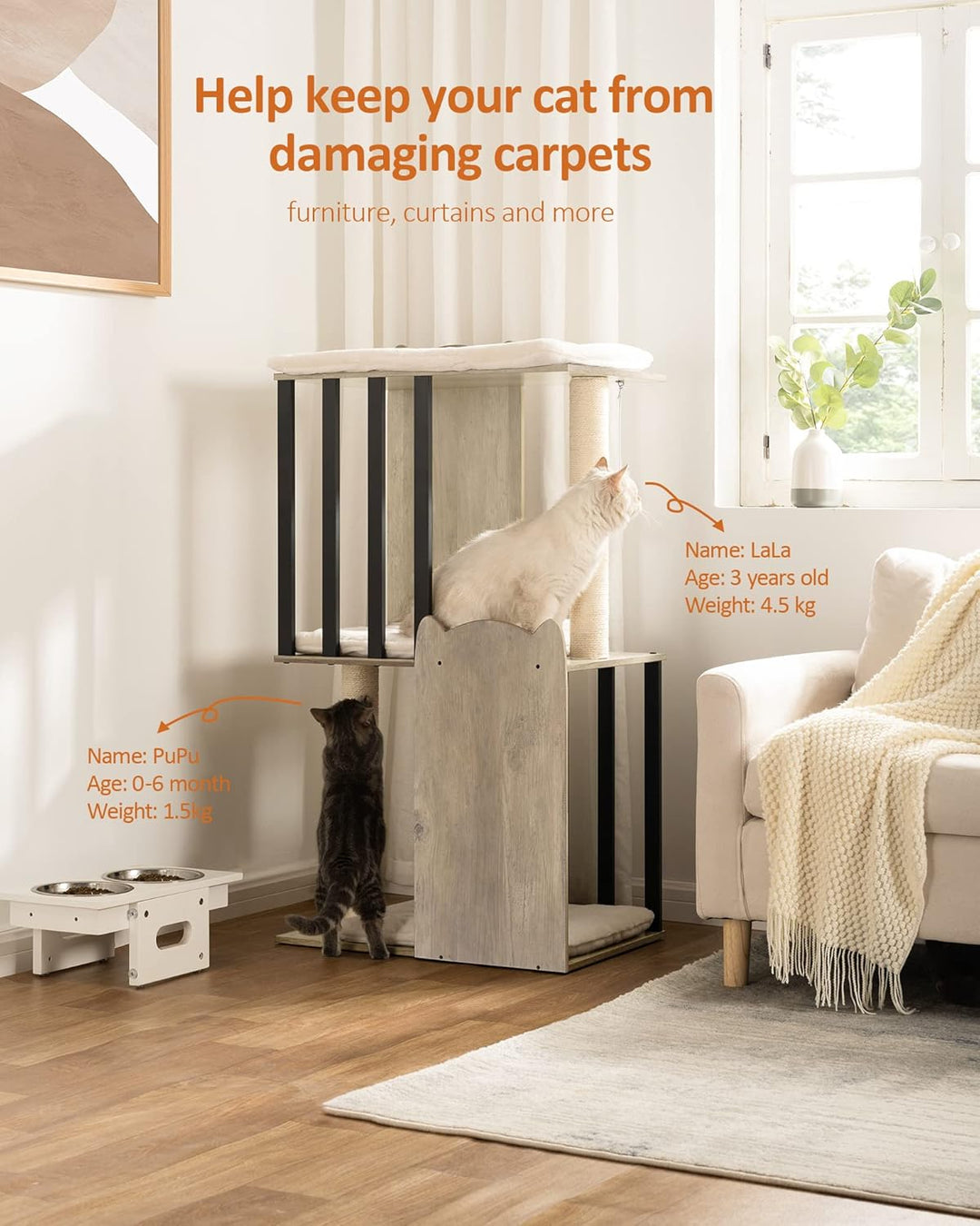 FourFurPets 3-stufiger moderner Kratzbaum, 111 cm hoch, Katzenbaum, mit 2 Voll Sisal Kratzsäulen, 3
