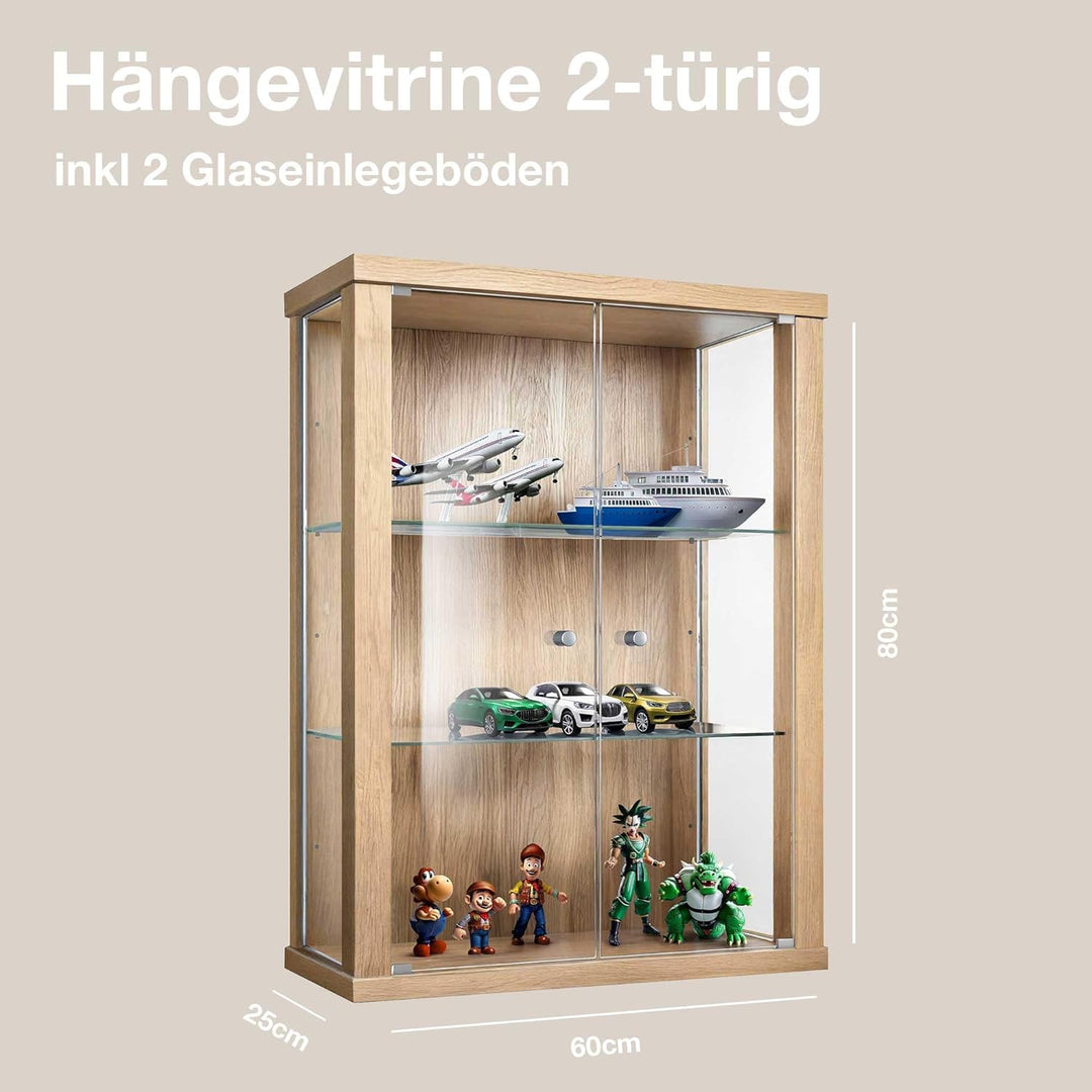 K-Möbel Hängevitrine Glas in Buche (80x60x25 cm) mit 2 höhenverstellbaren Glasböden - Modellauto Vit