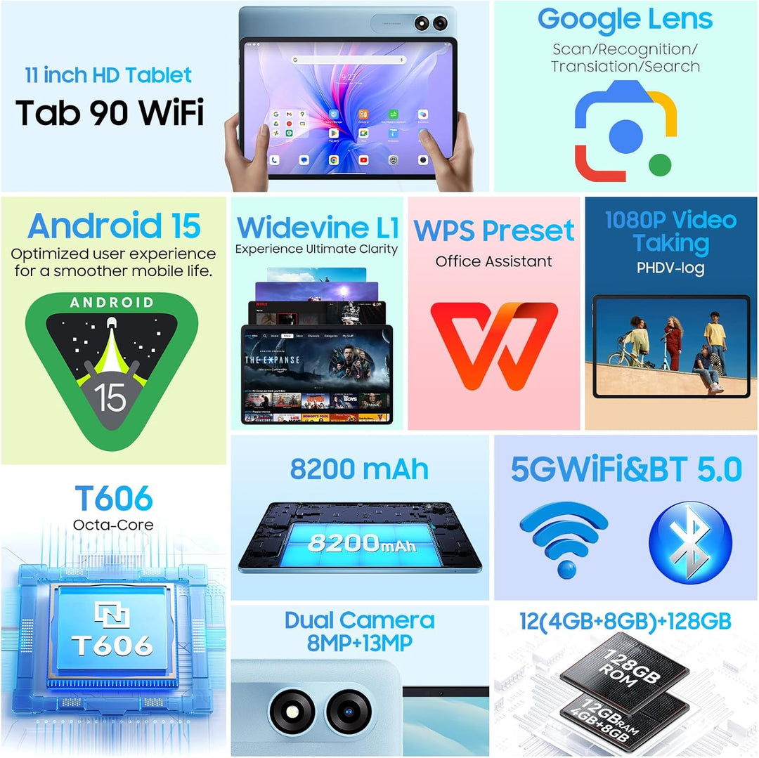 Blackview Tab90 WiFi Android 14 Tablet 11 Zoll,12GB RAM 128GB Speicherplatz(2TB TF),Grosses Display