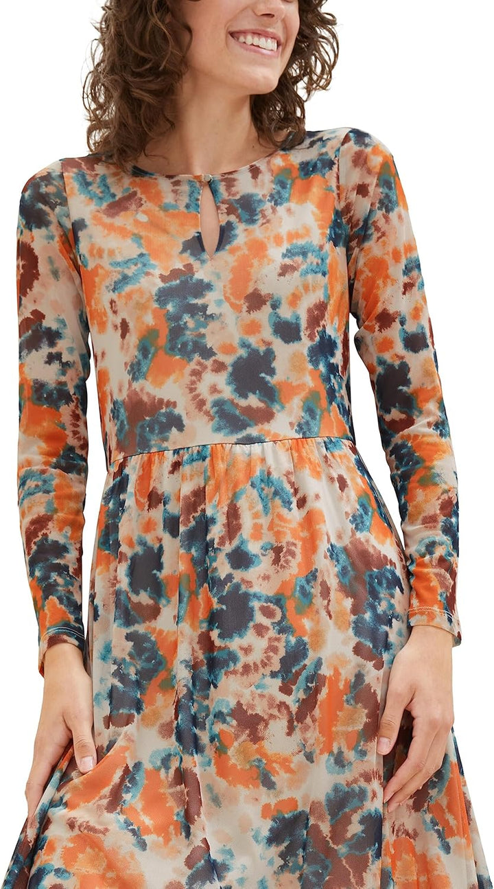 Tom Tailor Damen 1037927 Mesh Kleid mit Muster (1er Pack) 34 32367 - Grey Orange Tie Dye Floral, 34