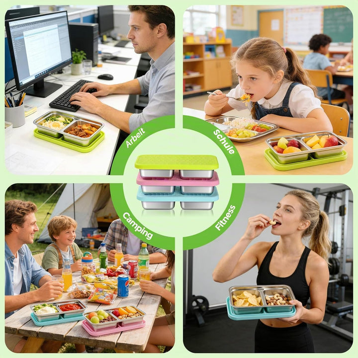 3-Stück Snackbehälter mit Doppelfächern, Edelstahl Lebensmittelbehälter, 20,3x10,9x4,1cm, Auslaufsic