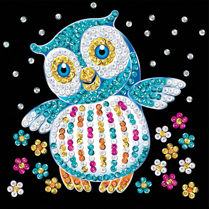 Kitfix - Sequin Art® 60 - Eule - Paillettenbild für Kinder- 20 x 20cm - 60min Bastelprojekt - Bastel