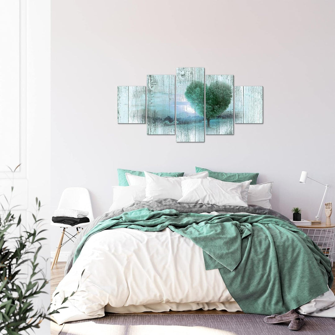Runa Art Bild Wohnzimmer Schlafzimmer Herbst Vintage 5 Teilig Baum Herz Türkis Wandbilder auf Vlies