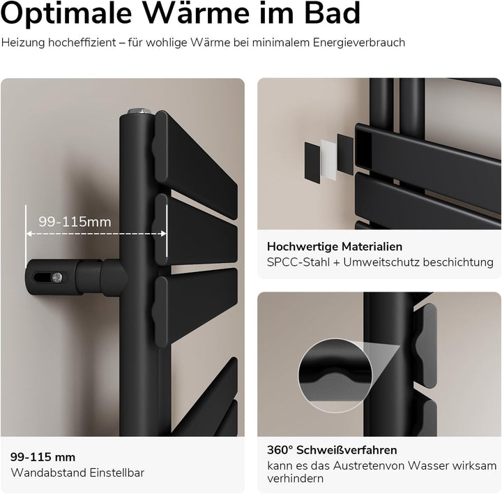 EMKE Badheizkörper Flach 1599x600 mm, Handtuchheizkörper mit Seitenanschluss, Effizienter Handtuchwä