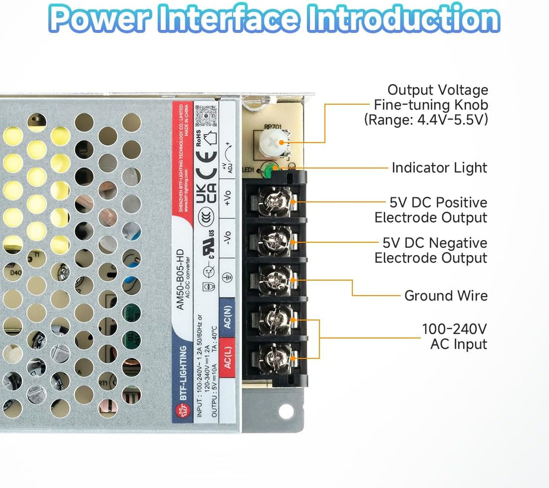 BTF-LIGHTING 50W 5V Netzteil CE Zertifiziert Aluminium LED-Treiber AC 100-240V zu DC 5V Transformato
