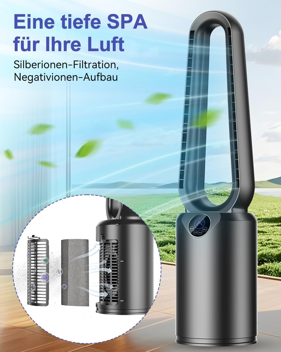 Turmventilator mit Luftreiniger & Fernbedienung | Sehr Leiser DC-Motor Ventilator | 90° oszillierend