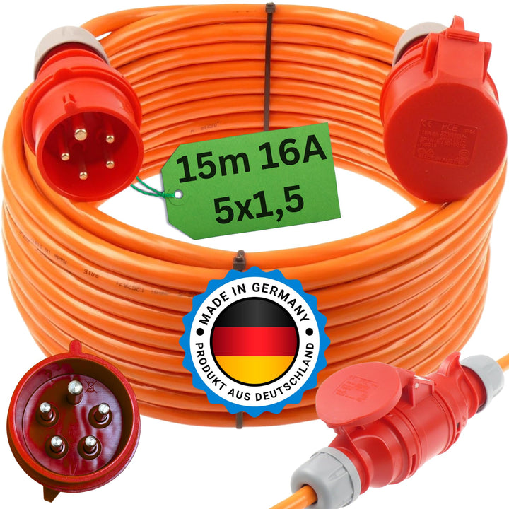 netbote24 CEE Starkstromkabel Verlängerungskabel 16A 400V Pur-Leitung H07BQ-F 5g1,5 Aussen 15m