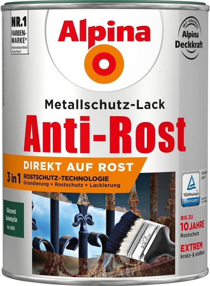 Alpina Metallschutzlack Anti-Rost Dunkelgrün 2,5 Liter glänzend 2.5 l (1er Pack) Dunkelgrün glänzend