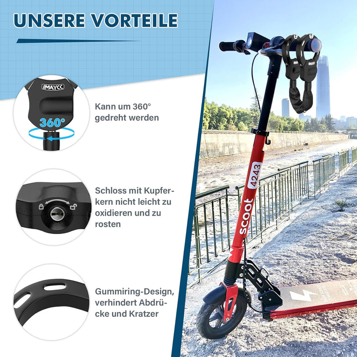 IMAYCC Neue E Scooter Schloss 8MM, Handschellenschloss mit Schlüssel, Schloss für E Scooter mit Gumm