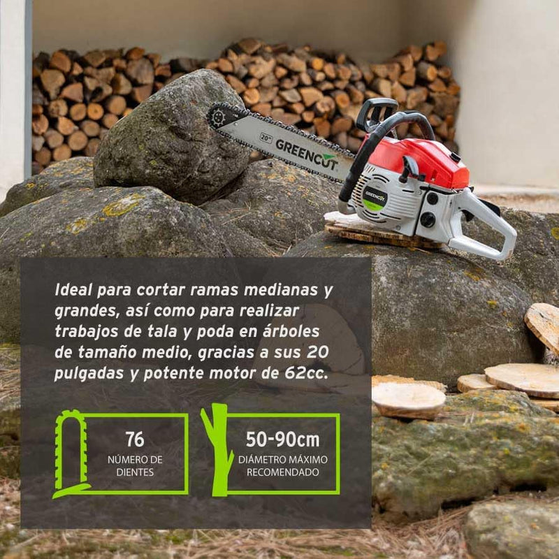 GREENCUT GS620X - Benzin-Kettensäge mit 2-Takt-Motor 62cc 3,8 PS mit 20&