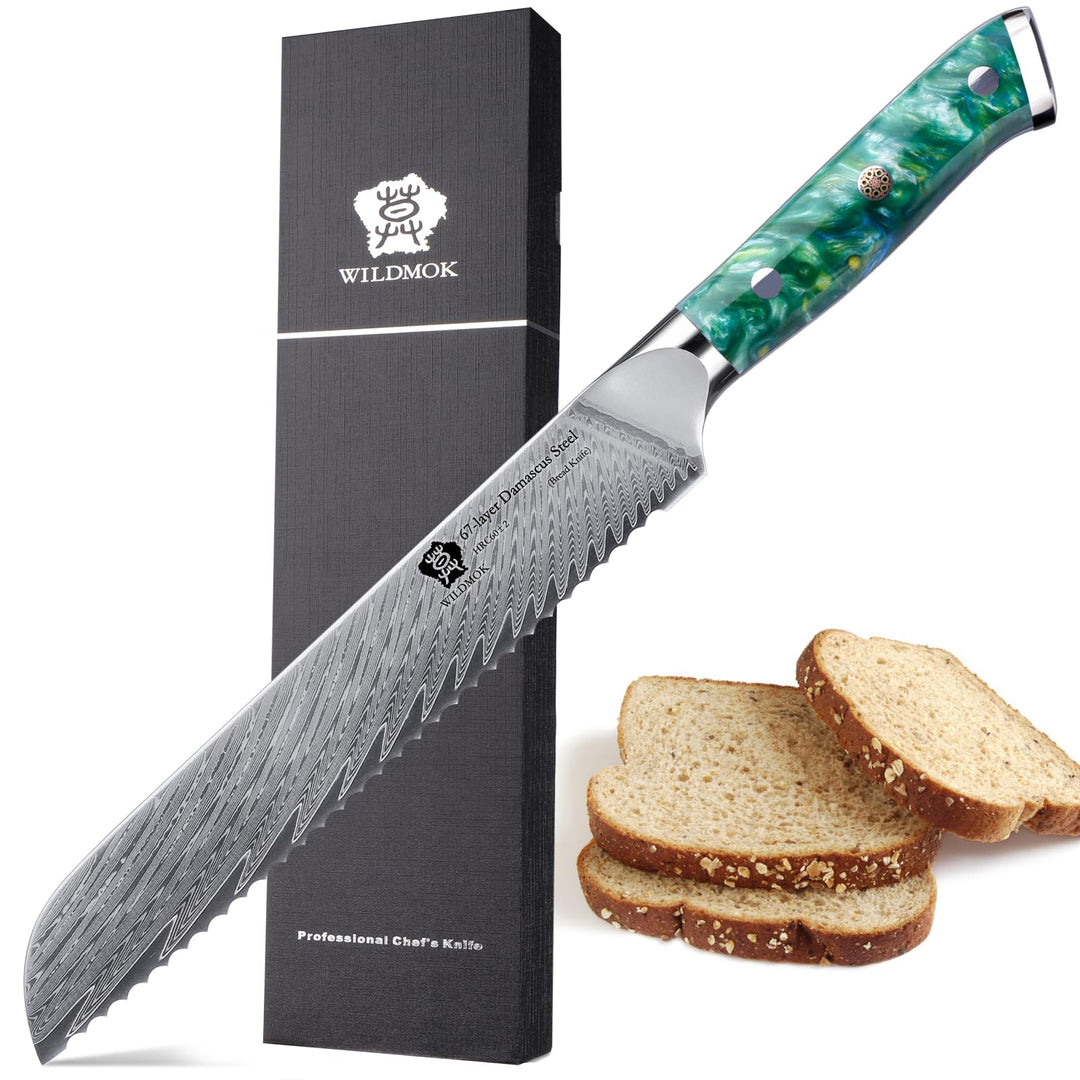 WILDMOK Brotmesser mit Wellenschliff, 20cm, robuster und langlebiger Harzgriff, Brotmesser aus 67 Sc