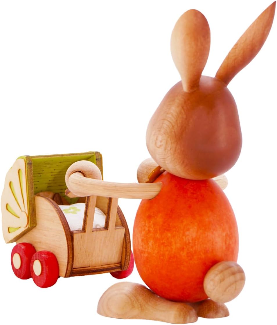Drechslerei Kuhnert - Osterdekoration / Osterhase - Stupsi Hase "mit Kinderwagen" - 12cm - aus Holz