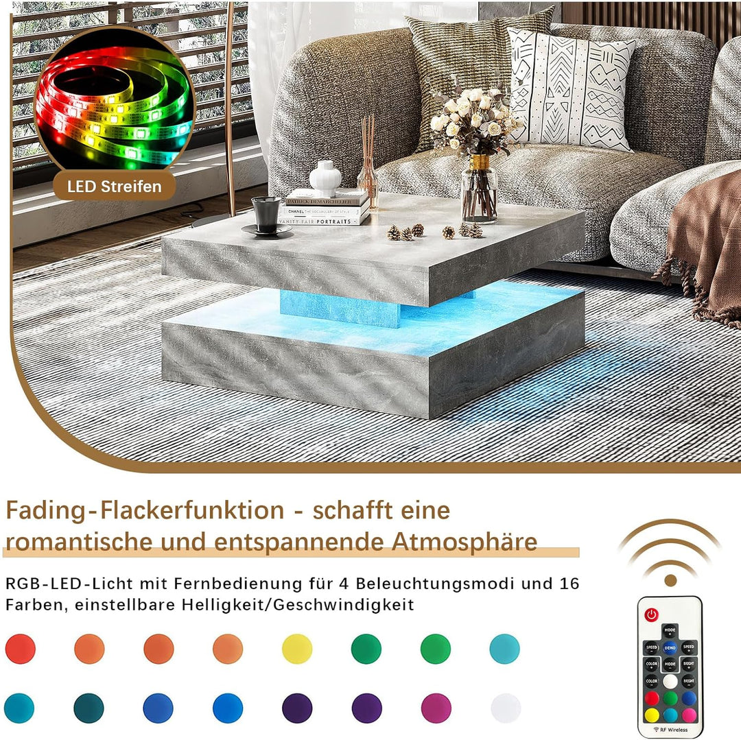 Couchtisch Wohnzimmertisch grau Matt, Sofatisch mit LED Beleuchtung modern für Wohnzimmer, 78 x 78 x