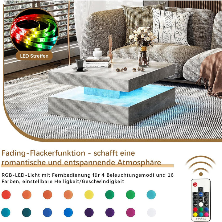 Couchtisch Wohnzimmertisch grau Matt, Sofatisch mit LED Beleuchtung modern für Wohnzimmer, 78 x 78 x