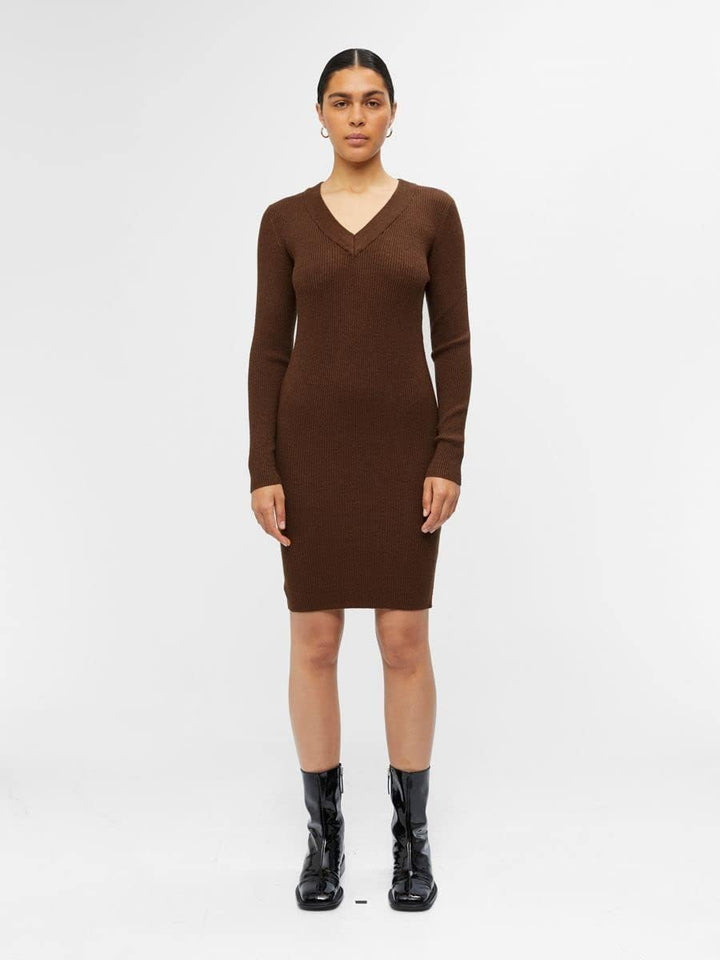 Object Female Strickkleid V-Ausschnitt XS Dark Earth, XS Dark Earth