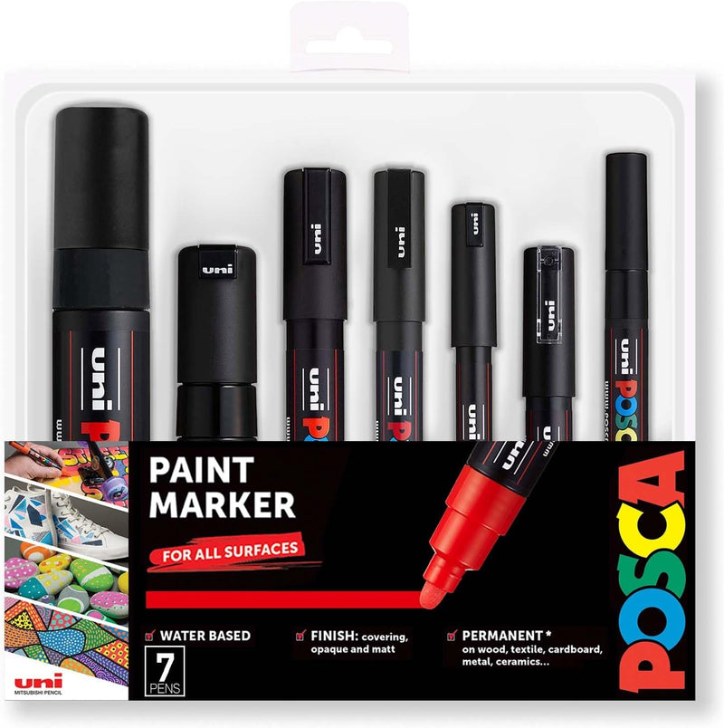 POSCA - Schwarz - Komplettset mit 7 Stiften (PC-17K, PC-8K, PC-5M, PC-3M, PC-1M, PC-1MR, PCF-350)
