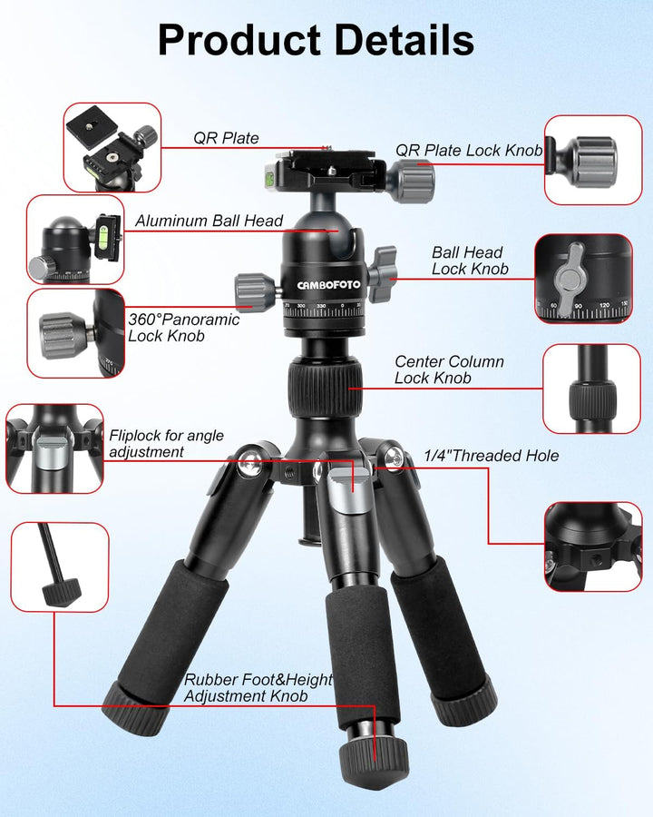 CAMBOFOTO Mini Stativ Kamera 52cm aus Aluminium mit 360° Kugelkopf | Tripod für Kamera und Smartphon