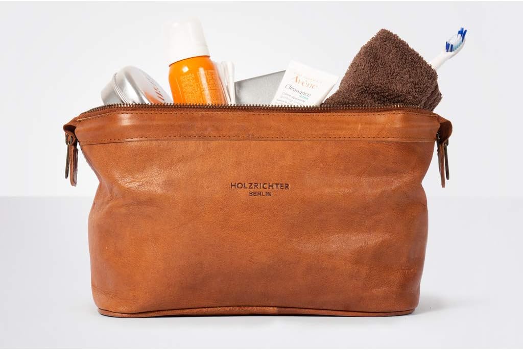 HOLZRICHTER Berlin Kulturbeutel No 5-1 (M) Cognac - Grosse, hochwertige Kulturtasche handgefertigt a