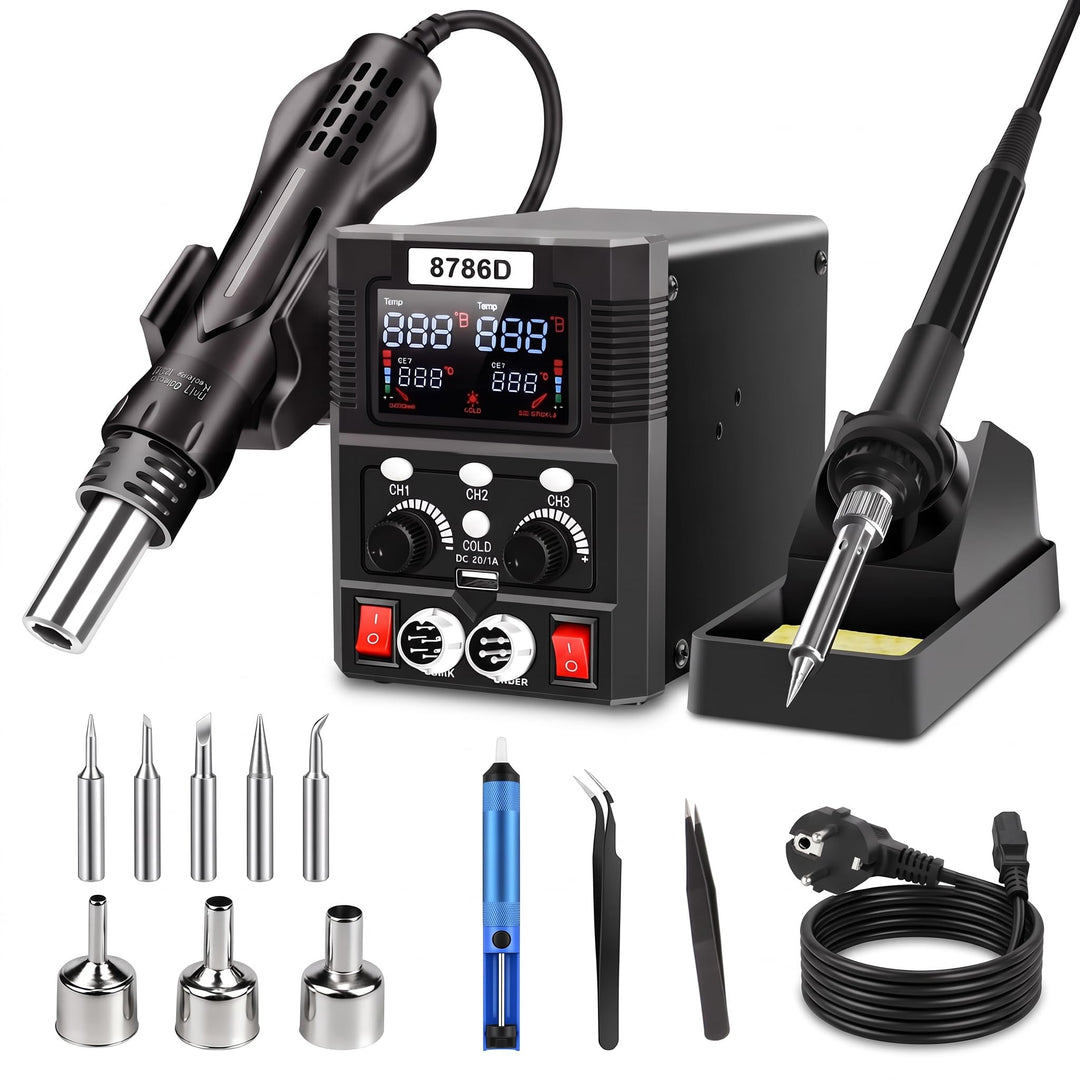 Digital Lötein Station Kit, Lötstation, Heissluft Lötstation 2 in 1 Lötkolben Set, 8786D 60W Solderi