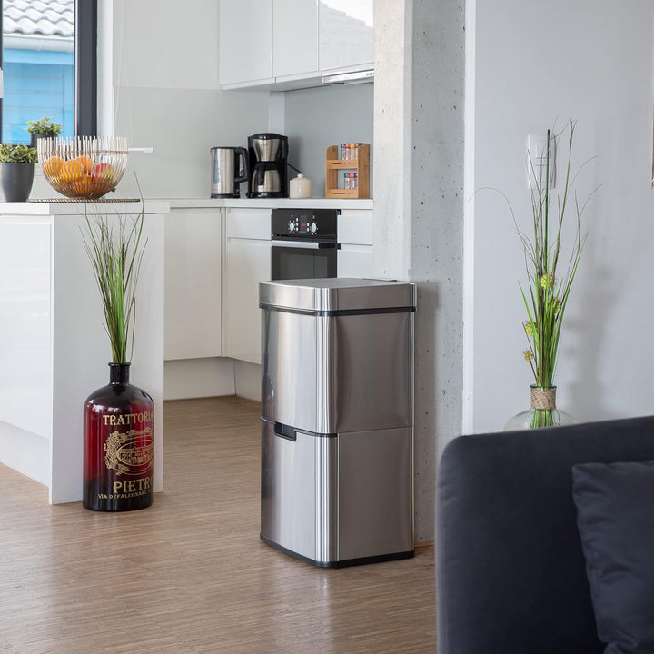 Relaxdays Mülltrennsystem 3 fach, mit Bewegungssensor, 60 L, ausziehbar, Edelstahl, HBT: 74,5 x 42 x