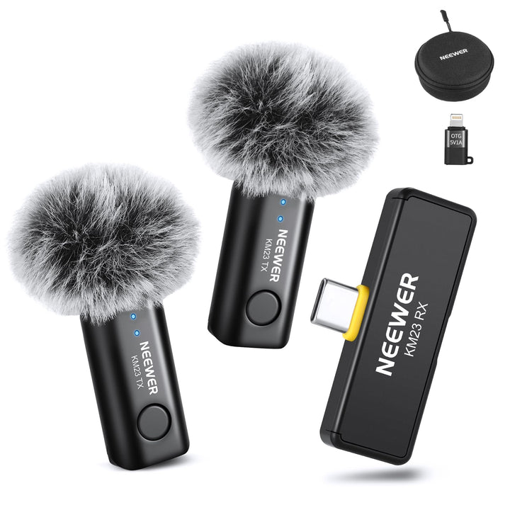 NEEWER Wireless Lavalier Mikrofonsystem, 1 x USB C Empfänger mit OTG Adapter 2 x Rauschunterdrückung