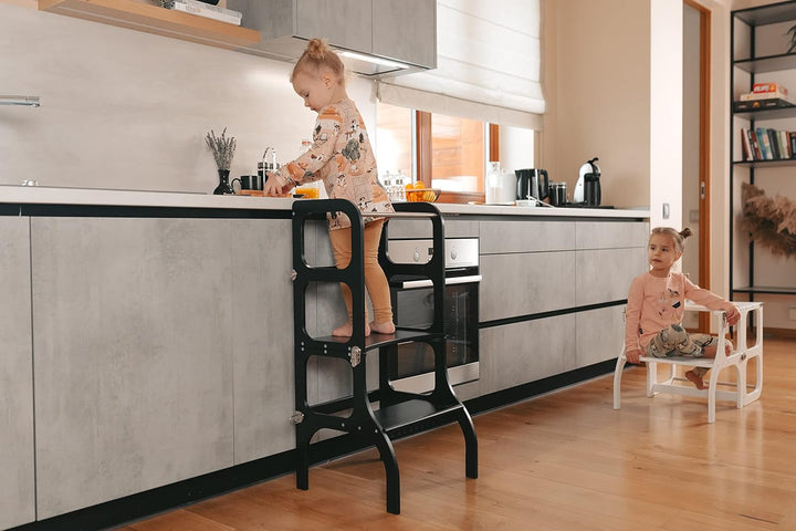 Klappbarer Lernturm mit Sitzfunktion, 45 cm Stehhöhe, Step’n’Sit, Lernturm mit Sitz und Tisch umklap