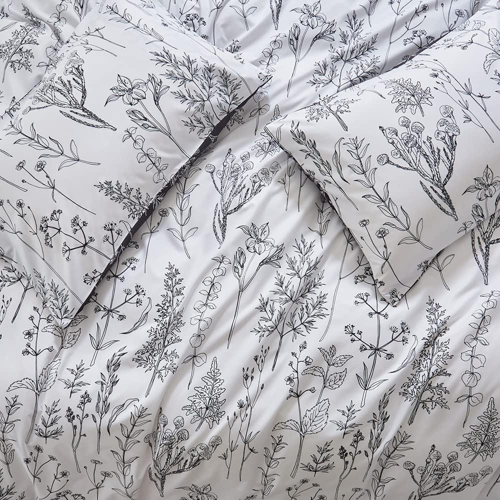 Damier Bettwäsche 135x200 Weiss Schwarz Blumen Blätter Motiv Wende Bettwäsche Weich Kuschelig Bettbe