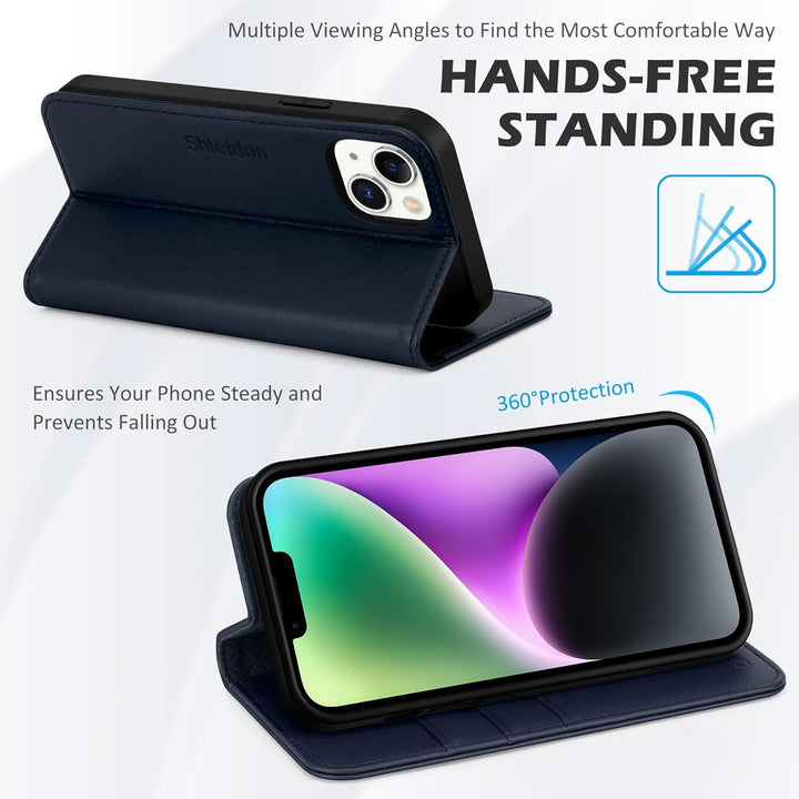 SHIELDON Hülle für iPhone 14 5G, Stossfeste Schuzhülle [Echtleder] [Kartenfach] [Verdicht TPU], Magn
