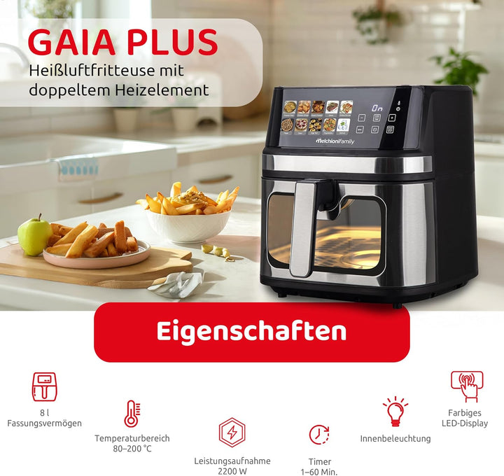 Melchioni Family | GAIA PLUS Heissluftfritteuse mit Doppelheizung 8L, Schwarz, Gaia Plus