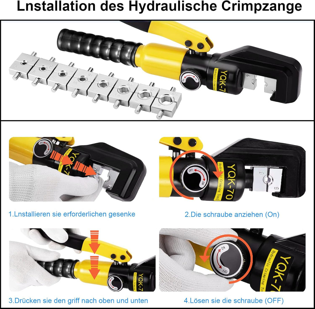 Solsop Hydraulische Crimpzange 4-70 mm², Kabelschuh Presszange 80 kN mit 9 Crimpeinsätzen, Crimpwerk