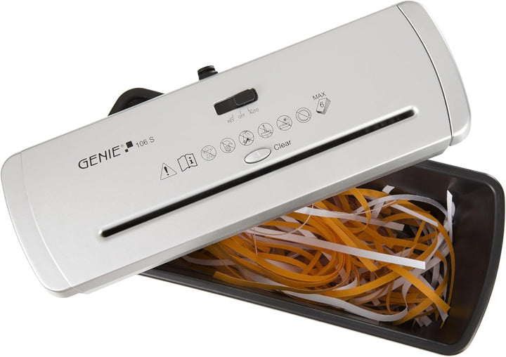 Genie 106 S Silber Aufsatz-Aktenvernichter mit Teleskoparm für jeden Papierkorb (bis zu 6 Blatt, Str