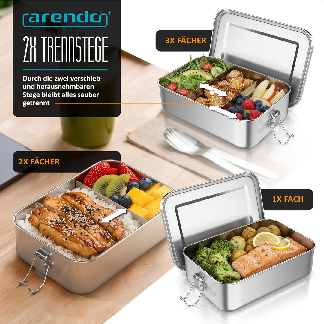 Arendo - Lunchbox Edelstahl – Brotdose 1400 ml – mit Fächern – zwei entnehmbare Trennwände - auslauf
