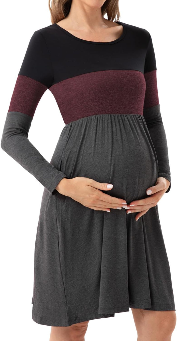 Bearsland Women’s Long Sleeve Maternity Dresses Patchwork Pregnancy Dress with Pocket XXL Barn Red,