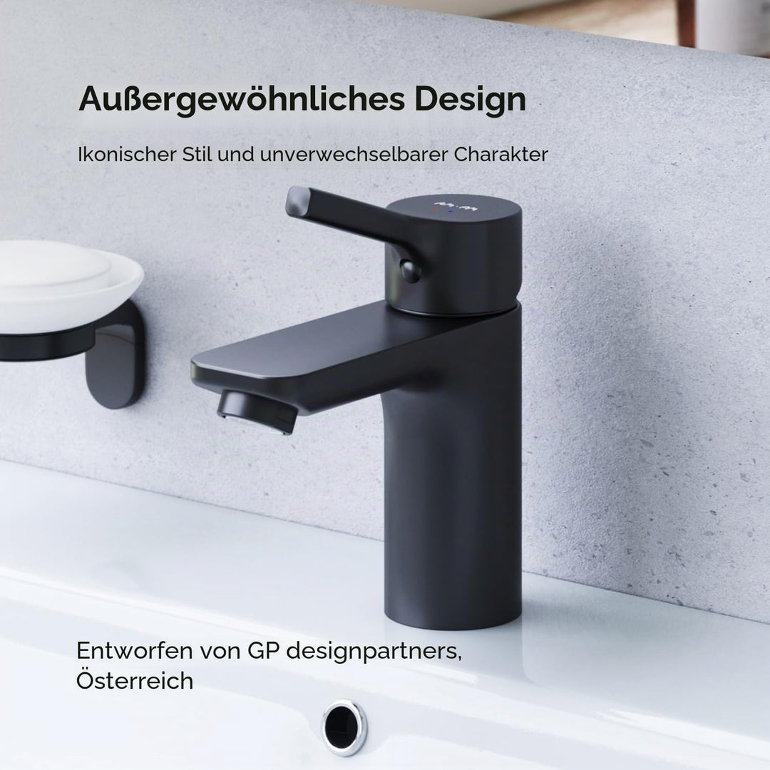 AM.PM Platzsparende Waschtischarmatur mit Zugstange und Ablaufgarnitur, Schwarz, Matt (X-Joy S FXB82