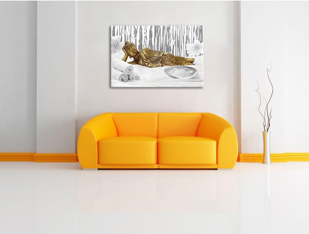 Pixxprint Goldener Buddha auf Handtuch / 100x70cm Leinwandbild bespannt auf Holzrahmen/Wandbild Kuns