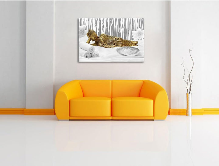 Pixxprint Goldener Buddha auf Handtuch / 100x70cm Leinwandbild bespannt auf Holzrahmen/Wandbild Kuns