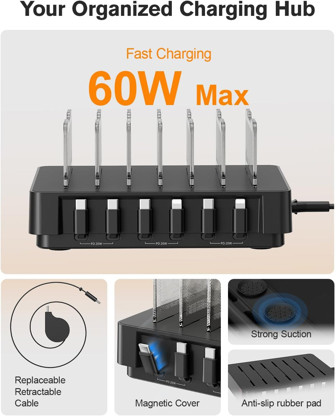 SooPii HomeHub H1 Ladestation, 60 W mit 6 austauschbar einziehbaren Kabeln (4×C-C & 2×C-iP), mit mag