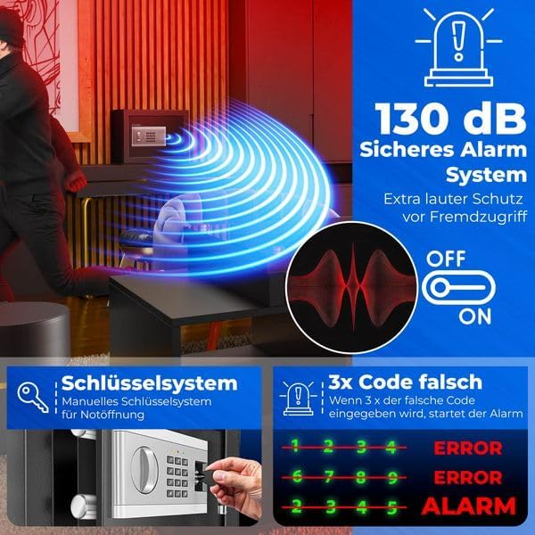 KESSER® Elektronischer Tresor | 31x20x20cm | Inkl. Batteriebox | Elektronischer Safe | 3x Doppelbolz